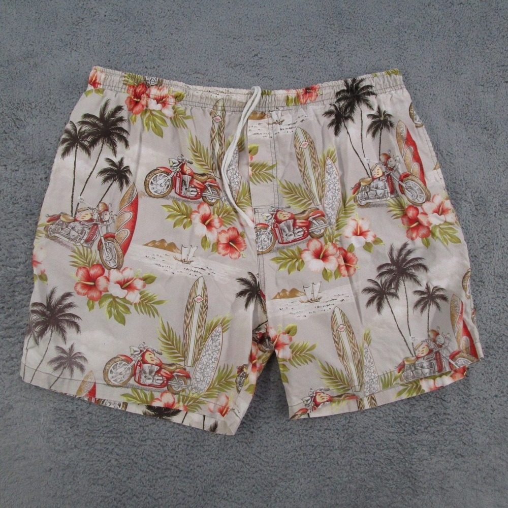 Trimitive Mens XL Tropical Motorcycle Surfboard Print Shorts Tan Cotton Blend